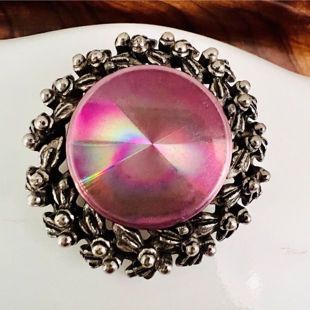 Jewelarama Brooch Prism Round Pinkish Reflective Dark Silver Tone 4156